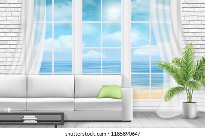 Living room interior with window in white brick wall, sofa and palm tree, bookshelves and picture frame. Sea view from the window. Realistic vector illustration in 3d style.