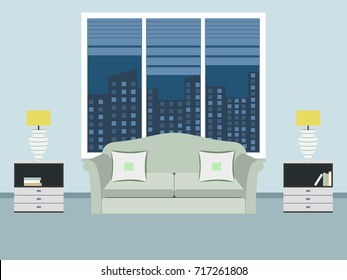 Living room interior with windows, modern sofa and bedside table. Vector illustration.