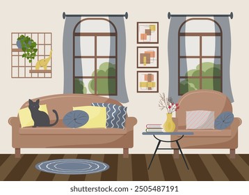 Wohnzimmerinnenraum mit Fenstern. Sofa und gemütlicher Sessel, Bilder an der Wand. Regale für Zubehör und Blumen. Couchtisch mit Vase und Büchern. Katze sitzend auf Sofa mit Kissen. Vektorgrafik