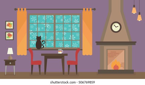 Living Room Interior. Winter Snowflakes Falling Out Of The Window. Cosy Fireplace Home Interior Decoration Vectors
