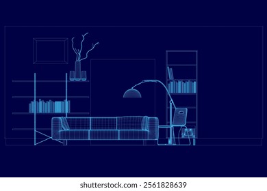 Living room interior wireframe. Comfortable sofa, bookcase, chair and house plants. Vector flat illustration. Front view. 3D