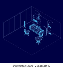 Living room interior wireframe. Comfortable sofa, bookcase, chair and house plants. Vector flat illustration. Isometric view. 3D