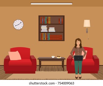 Living room interior with woman working on a laptop, furniture, bookshelf, clock. People at home. Bright vector illustration in flat style