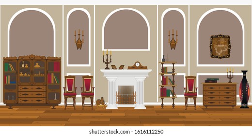 Living room interior with wooden floor and fireplace.