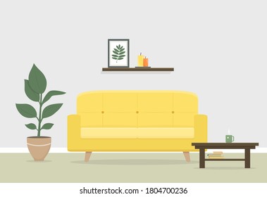 Living room interior with yellow sofa, plant and coffee table. Flat style, vector illustration. Interior in scandinavian style