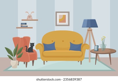 Living room interior with yellow sofa, floor lamp, painting, armchair, houseplant. A black kitten sits on a armchair. Living room. Home furniture. Vector illustration in flat style.