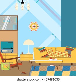 Living room interior with yellow sofa, red armchair, wardrobe and table in the style of 70's vector illustration.