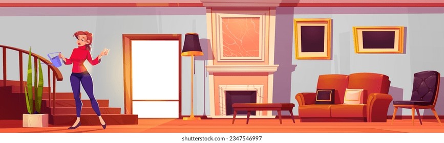 Living room interior - young woman watering flowers in pot near steps upstairs in lounge with fireplace, soft sofa, table and chair. Cartoon horizontal vector background of cozy house from inside.