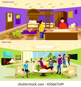 Living Room Interiors Flat Horizontal Concept Set Isolated Vector Illustration