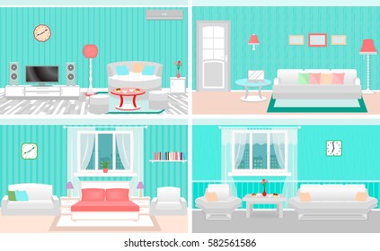Living room interiors set. Bedroom and hall design with furniture. Fully editable. Flat vector illustration.