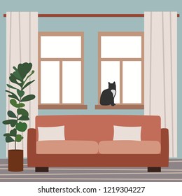 Living room interrior with couch and windows. Vector illustration.
