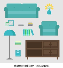 Living room isolated icons set. Living room elements on background. Modern furniture with couch, armchair, bookcase, lamp and decoration. Flat style vector illustration.