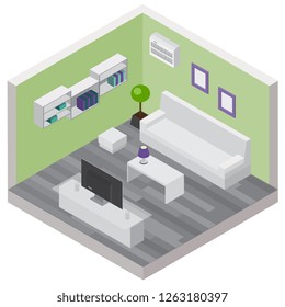 Living room isometric composition with comfortable furniture and modern wireless devices 3d vector illustration