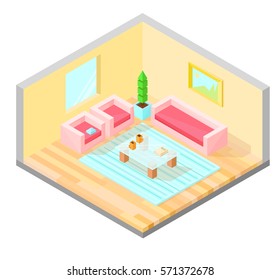 Living room isometric design with table, armchair, sofa, plant, painting, and carpet. Vector illustration.