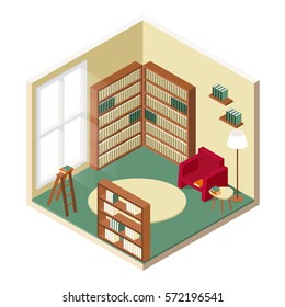 Living room isometric design with table chair bookcase, bookshelf, carpet, ladder, lamp vector illustration of isolated layers on a white background.