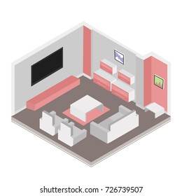 Living room isometric design with table chair and TV vector illustration