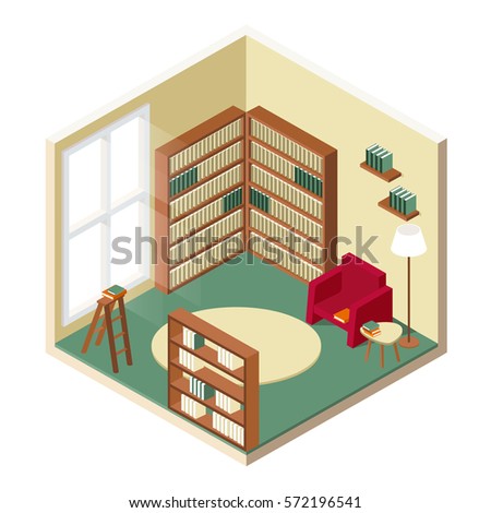 Living room isometric design with table chair bookcase, bookshelf, carpet, ladder, lamp vector illustration of isolated layers on a white background.