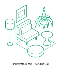 Living room isometric outline simple vector illustration. Chair, coffee table, lamp and house plant. Minimalistic outline design with optional white fill. All objects are separate. Isolated.