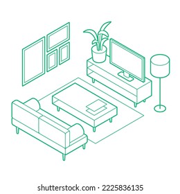 Living room isometric outline simple vector illustration. Couch, coffee table, lamp, TV stand and house plant. Minimalistic outline design with optional white fill. All objects are separate. Isolated.