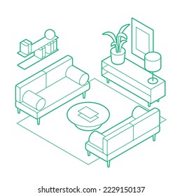 Living room isometric outline simple vector illustration. Couch, side table, coffee table, lamp and shelves. Minimalistic outline design with optional white fill. All objects are separate. Isolated.