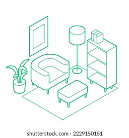 Living room isometric outline simple vector illustration. Chair, coffee table, lamp, book shelf and plant. Minimalistic outline design with optional white fill. All objects are separate. Isolated.