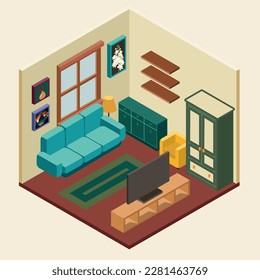 Living room isometric style vector retro color