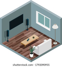 Living room isometry. Flat color isometric illustration design. 