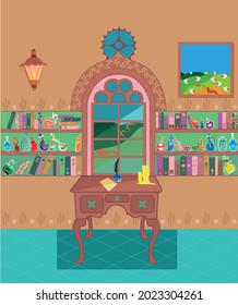 Living room with large window, bookshelf and wooden desk