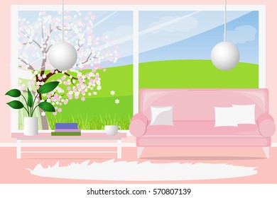Living room with a large window, a light-flooded. Cartoon 2d games applications vector background design.