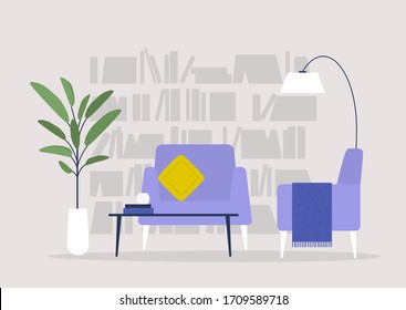 Living room, library and furniture, modern interior, nobody