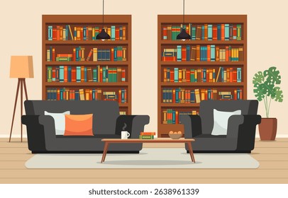 Living room or library interior with wooden bookcase. Place for reading and relaxation. Vector stock
