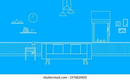 Living room line art design on blue background. Vector illustration of room interior concept.