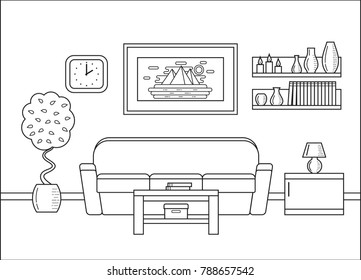 Living room in line art. Room interior. Linear vector illustration. Outline house equipment. Flat design. Home space with sofa and coffee table. Cartoon furniture.