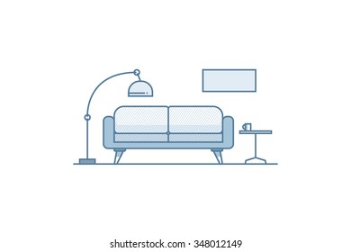 Living Room. Line Art. Stock Vector.