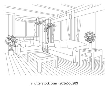 Living room line drawing vector illustration.