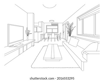 Living room line drawing vector illustration.
