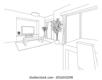 Living room line drawing vector illustration.