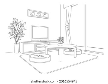 Living room line drawing vector illustration.