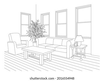 Living room line drawing vector illustration.