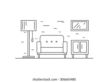 Living Room. Line Flat Design, Vector Illustration 