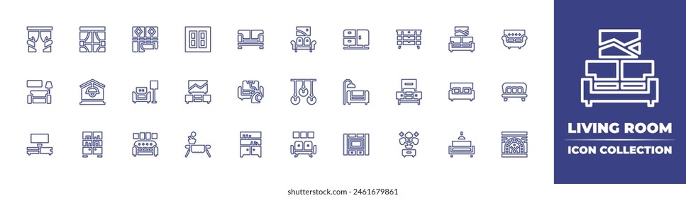 Living room line icon collection. Editable stroke. Vector illustration. Containing living room, sofa, house, tv table, cabinet, tv, window, curtains, couch, wallpaper, hanging, table, housekeeping.