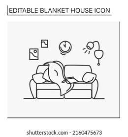 Living room line icon. Comfortable room in the house. Cozy design. Sofa with pillows, wall lamp, pictures and decor elements.Blanket house concept. Isolated vector illustration.Editable stroke