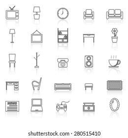 Living room line icons with reflect on white, stock vector