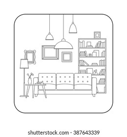 Living room line interior with furniture. Vector thin illustration of living room.