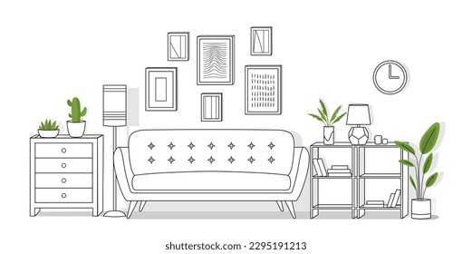 Living room line. Modern interior and furniture. Plants on bedside table next to sofa. Minimalistic creativity and art. Pictures and clocks on wall. Cartoon flat vector illustration