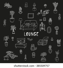 Living room. Lounge, relaxing place. Succulents and other houseplants. Doodle set. Isolated