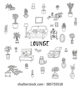 Living room. Lounge, relaxing place. Succulents and other houseplants. Doodle set. Isolated