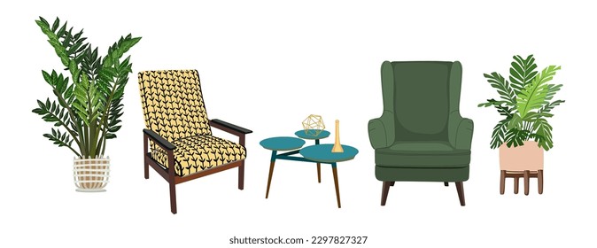 Living room, lounge zone interior set. Mid century modern retro furniture. Cozy vintage armchairs, coffee table, vase, house plants. Vector Illustration isolated on white background.
