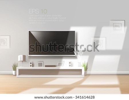 Living room with low shelf and flat TV on a bright sunny day. High quality realistic vector  template. 