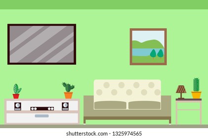 Living room, made in the style of flat. The set includes furniture and decor items.